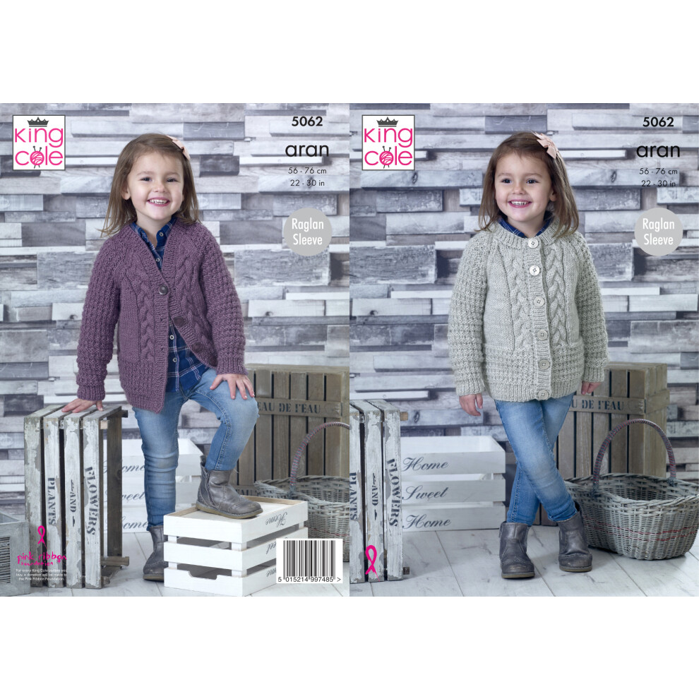 King Cole 5062 Aran Knitting Pattern Girls Cabled Cardigan