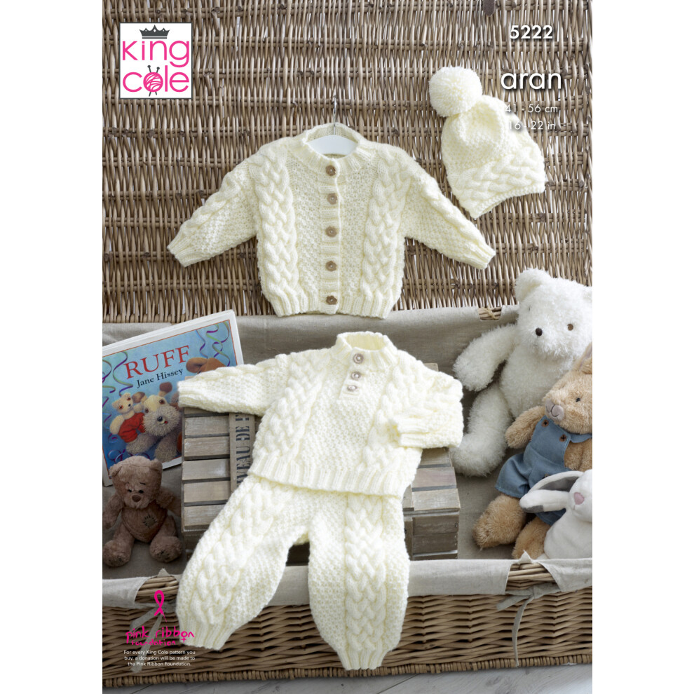 King Cole 5222 Aran Knitting Pattern Baby Sweater Jacket Trousers Hat