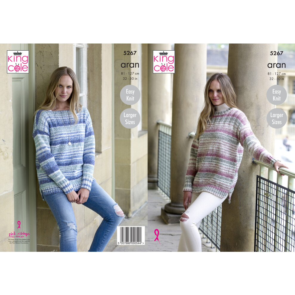 King Cole 5267 Aran Knitting Pattern Womens Round or Boat Neck Sweater