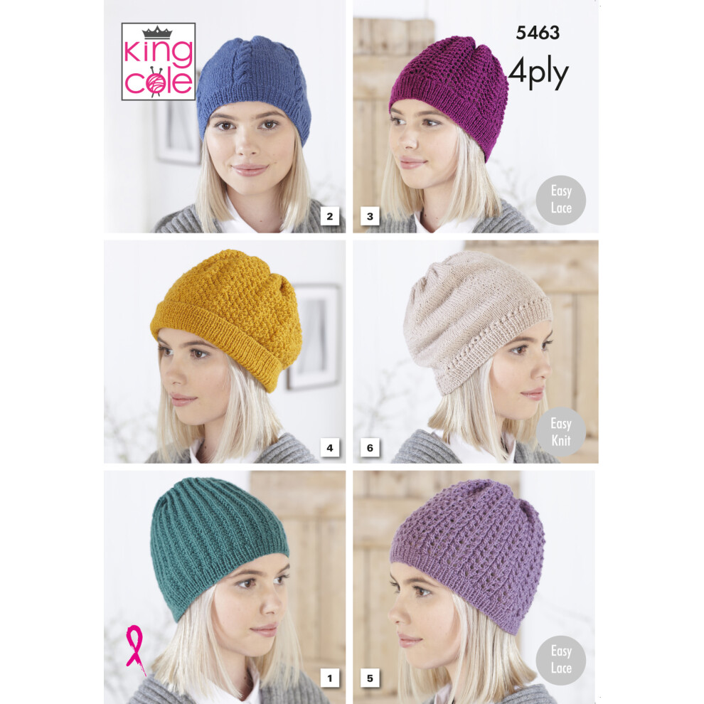 King Cole 5463 4ply Knitting Pattern Womens Easy Knit Hats