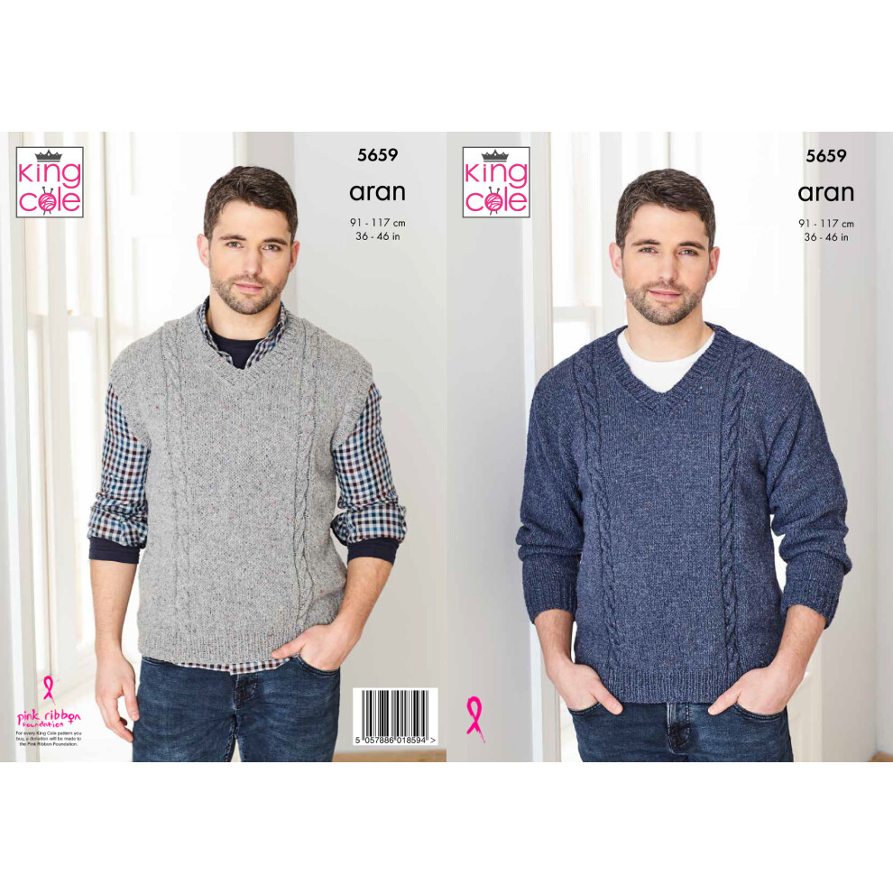 King Cole 5659 Aran Knitting Pattern Mens Cable Sweater & Slipover