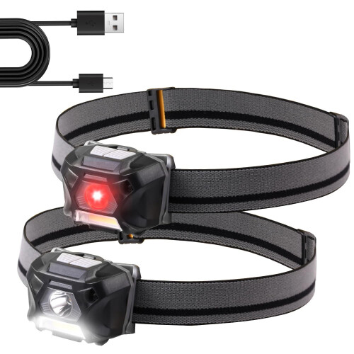2 Pack Rechargeable Red LED Headlamp Motion Sensor Headlight for Adults,Running,Forehead,Hiking(Black)