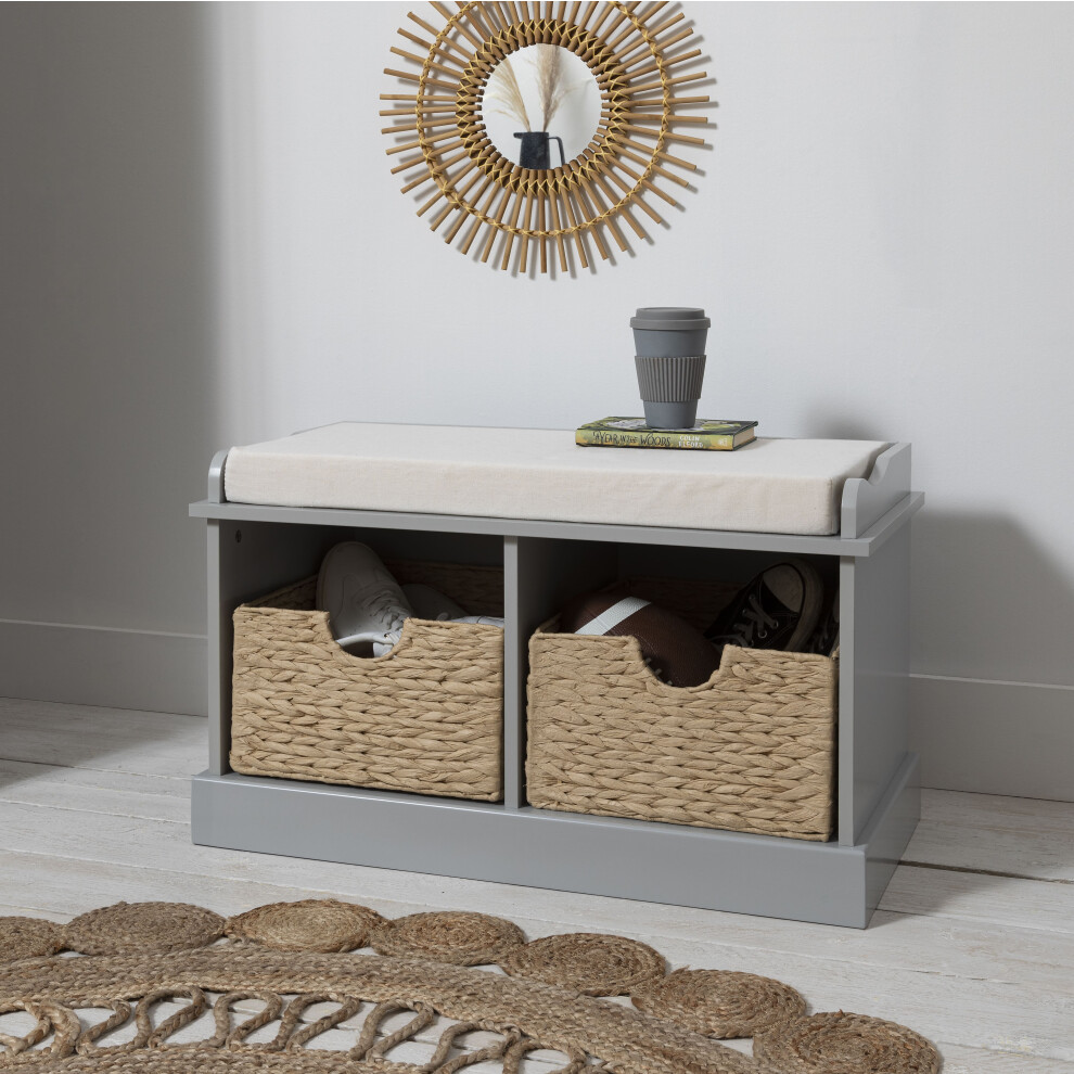 (Stockholm Storage Bench with 2 Brown Baskets in Silk Grey) Stockholm Storage Bench with 2 Baskets