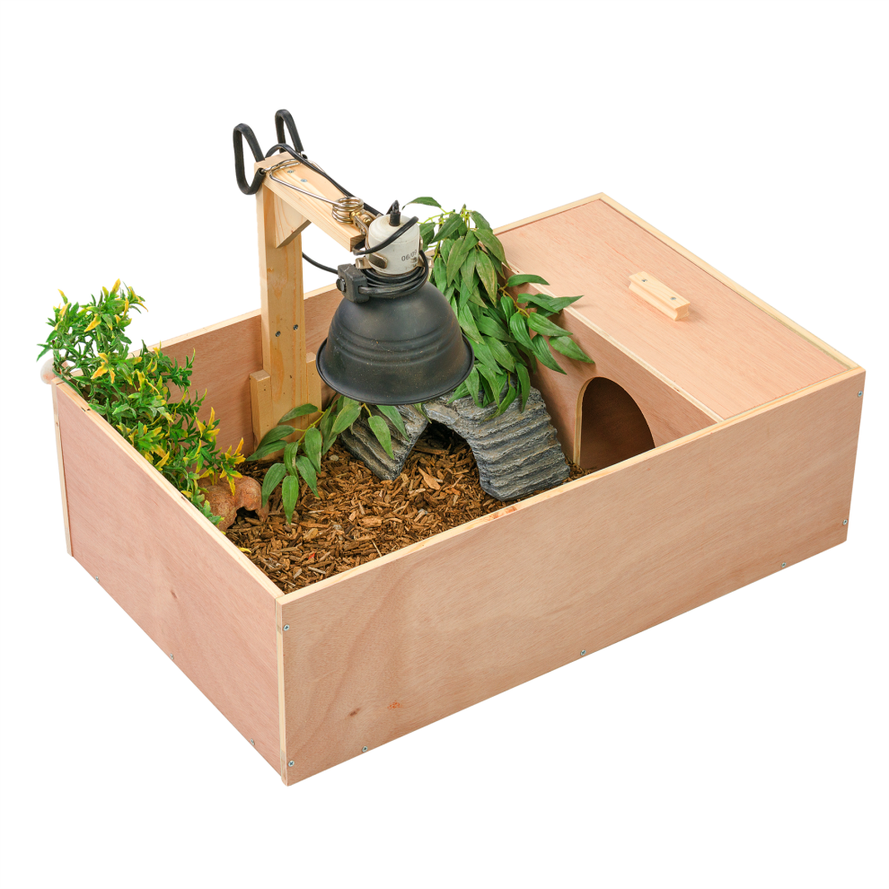KCT Small Wooden Tortoise Table Reptile Vivarium Cage Hide with Open Run and Lamp Arm
