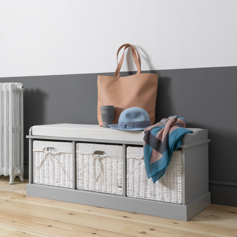 ( 3 Baskets in Silk Grey) Stockholm Storage Bench with 3 Baskets