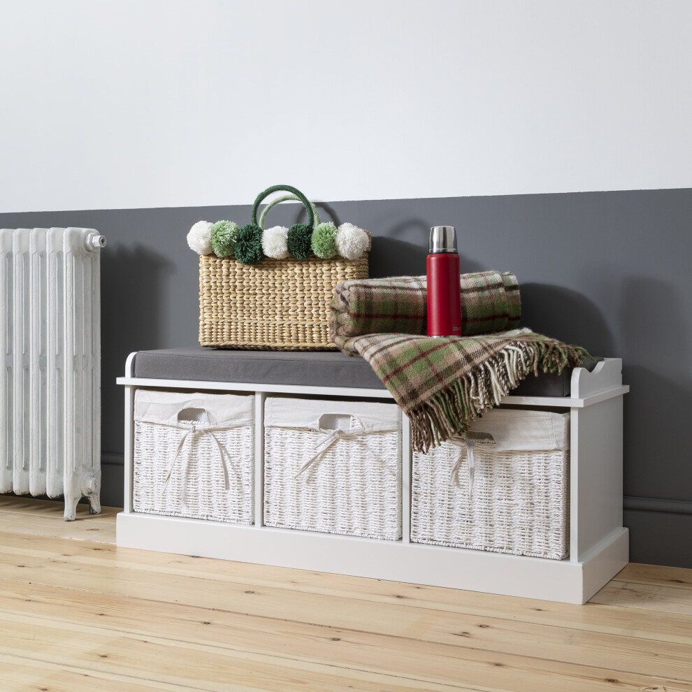 ( 3 Baskets in Classic White) Stockholm Storage Bench with 3 Baskets