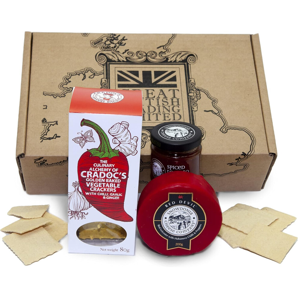Great British Trading Limited Great British Trading Chilli Lovers Gift Set With Snowdonia Devil Chilli Cheese, Spiced Tomato Chutney And Cradocs Chilli Garlic Crackers Red