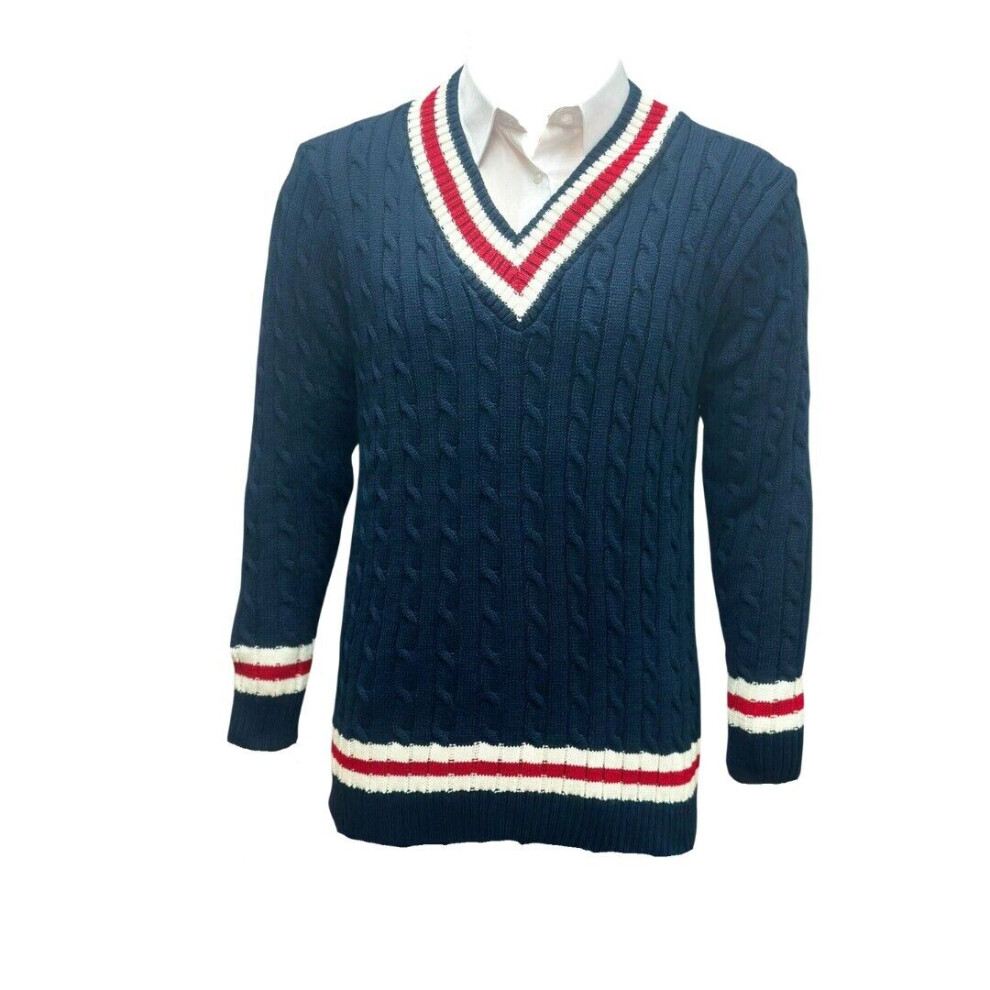 (Navy, 2XL) Men's V-Neck Cricket Jumper Long Sleeve Cable Knitted Jersey Sweater Vest Top