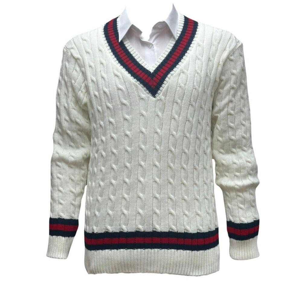 (Cream, L) Men's V-Neck Cricket Jumper Long Sleeve Cable Knitted Jersey Sweater Vest Top