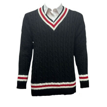 (Black, M) Men's V-Neck Cricket Jumper Long Sleeve Cable Knitted Jersey Sweater Vest Top