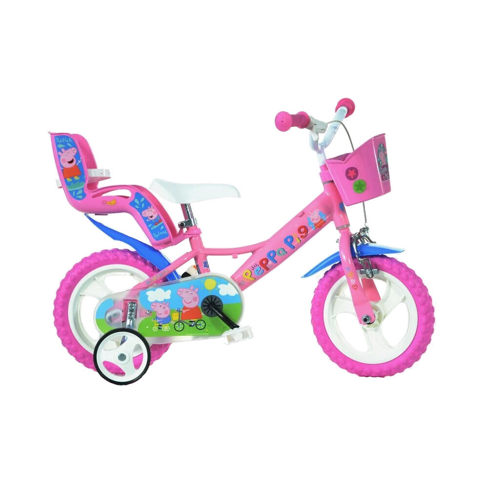 Dino Peppa Pig Pink Girls Bike with Doll Carrier - 12" Mag Wheels