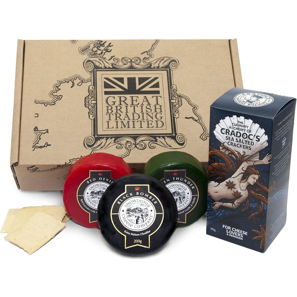 Great British Trading 3x Snowdonia Cheese Truckles with Cradocs Sea Salted Crackers Gift Hamper
