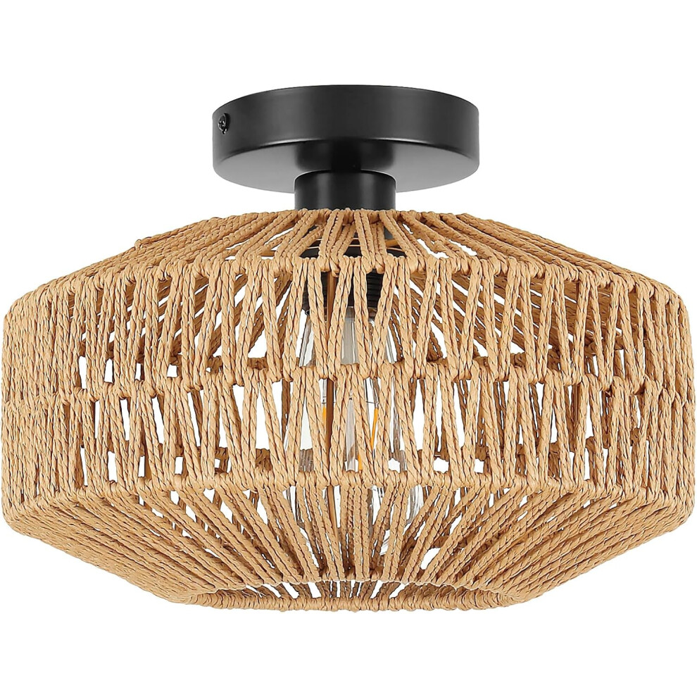 Lampe De Plafond Tissé En Corde De Chanvre Φ30CM Plafonnier Rétro E27 Luminaire Plafonnier Classique D'Intérieur Pour Salon, Salle À Manger