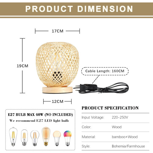 Retro Desk Lamp Bamboo Bedside Lamp Decorative Table Lamp with E27 Socket, for Bedside, Table 2