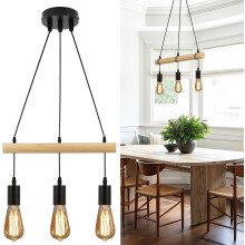 3-Lights Wooden Pendant Light , Retro Black Ceiling Light E27 Bulb Vintage Chandelier for Living Room Kitchen Island Dining Room