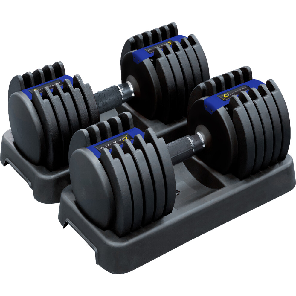 Strongology Predator 20 Home Fitness Adjustable Smart Pair Dumbbells up to 20 kg Training Weights in Black/Blue