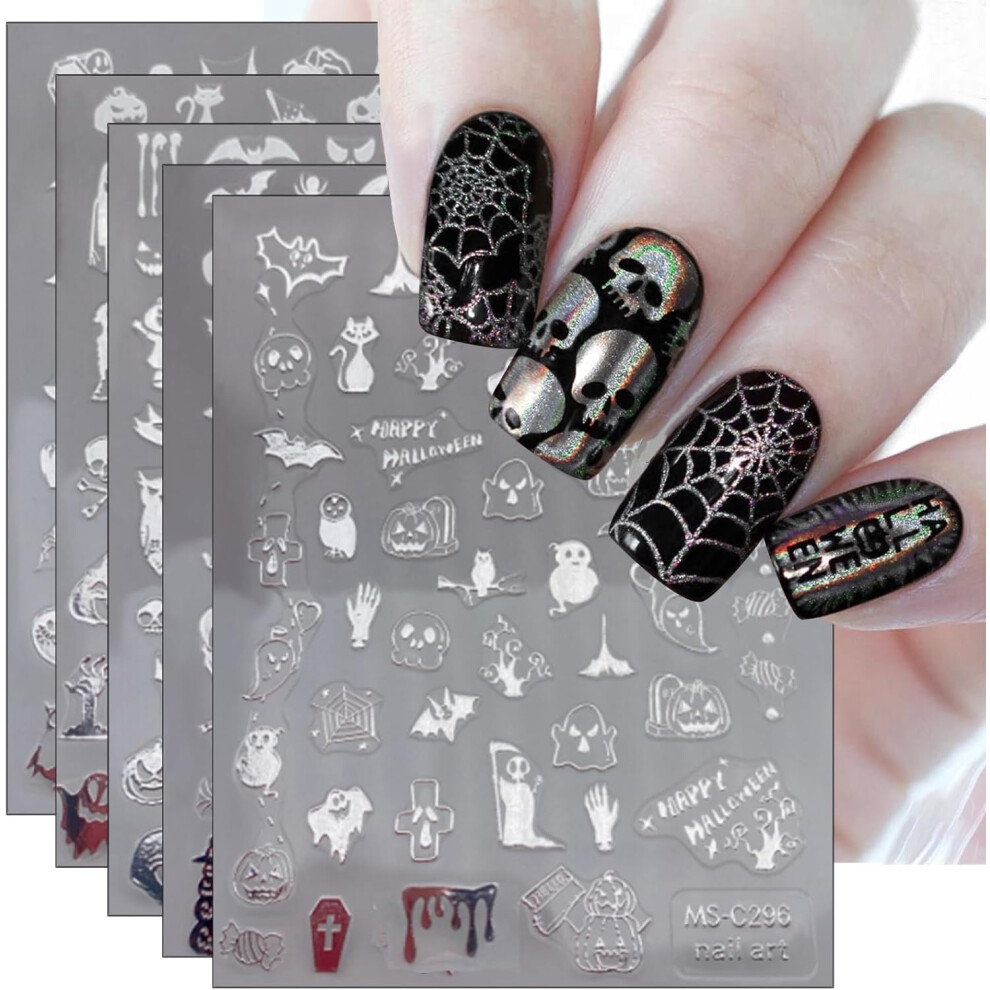 Jmeowio 9 Sheets Halloween Nail Art Stickers Decals Self-Adhesive Silver