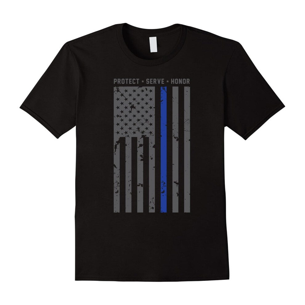 (L) Huge American Flag Thin Blue Line Protect Serve Honor Shirt-Father's Day