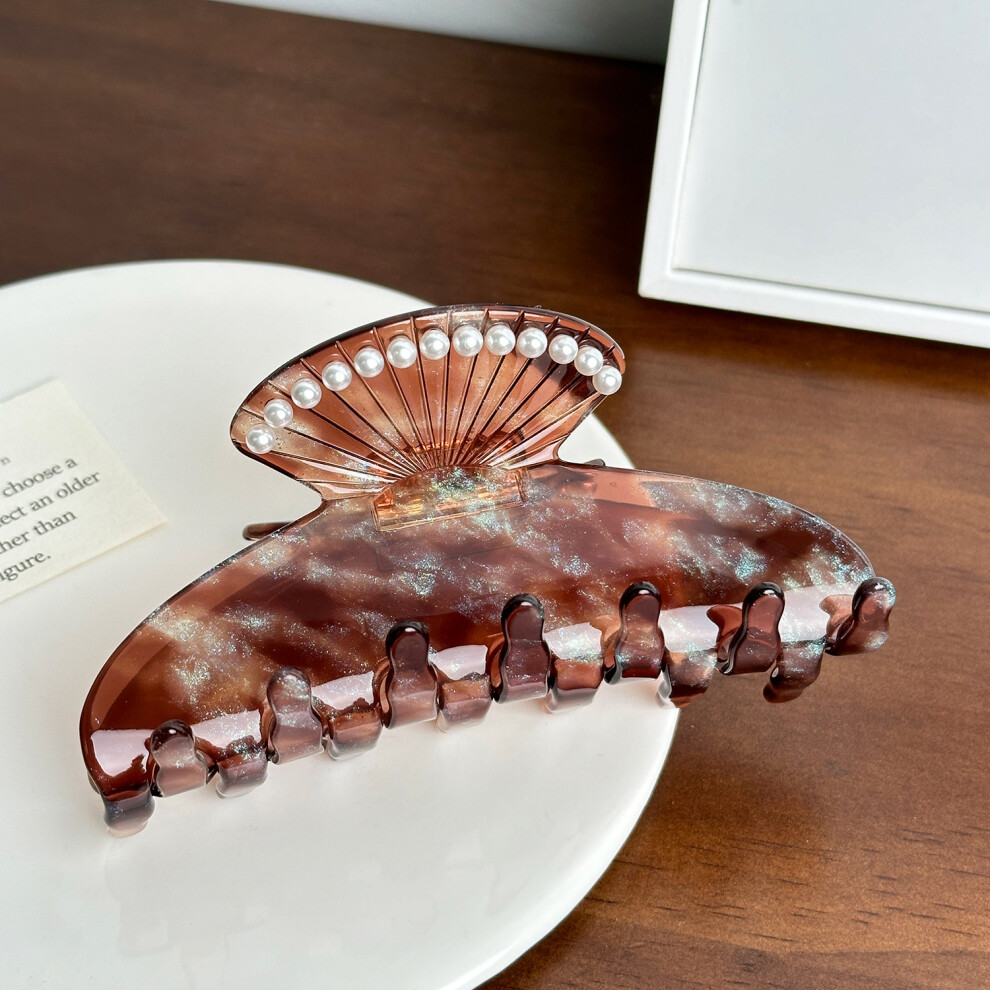 (DarkBrown) Acetate Large Trendy Hair Claw Clip With Beautiful Shell And Pearl Embellishments-image-OPC-PFGN9T5-NEW