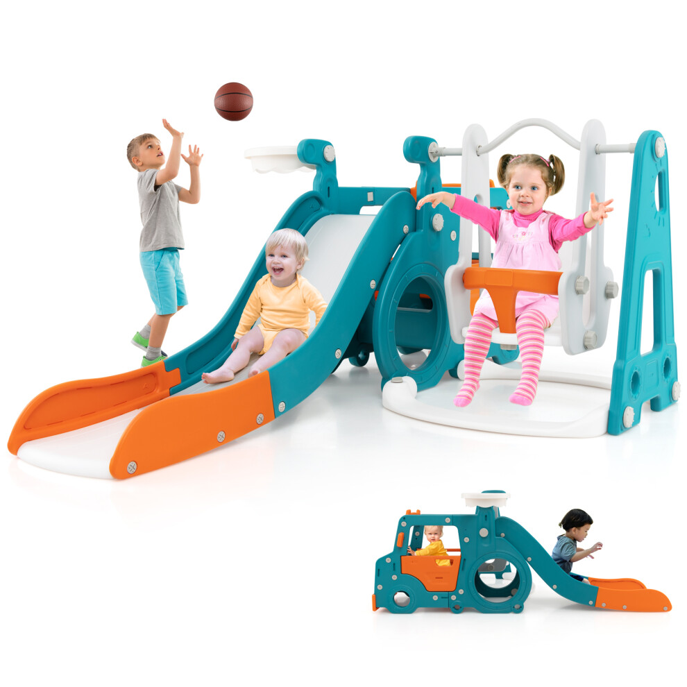 5-in-1 Kids Slide & Swing Playset w/ Basketball Hoop for 18 + Months