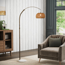 Vintage-Style Floor Lamp with Bamboo Lampshade & Marble Base - Adjustable Height, E27 Holder, Warm Ambience
