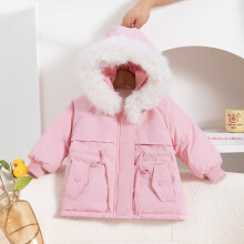 (Pink, 3-4Years) Baby Kids Girls Coat Fur Hooded Parka Jacket Warm