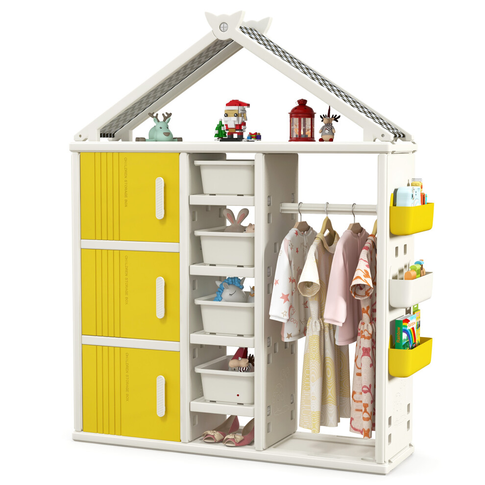 Costway Kids Costume Closet Dresser Children Armoire Closet W/ Storage Bin White,Yellow