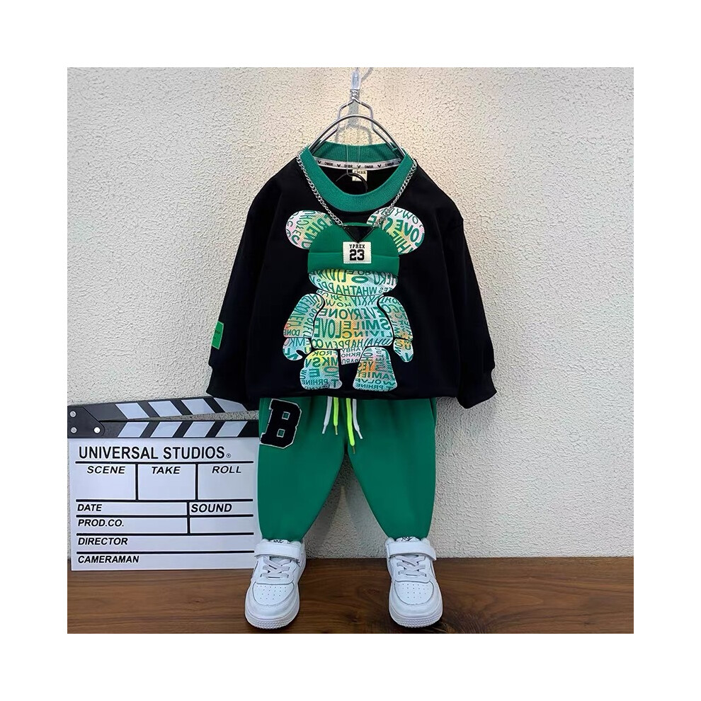 (Black Set, 110cm) Boys Stylish Spring Outfit Set Adorable Cartoon Design Comfortable Two Piece Set For Kids Aged 3 To 8 Years-image-OPC-PFGNSJW-NEW