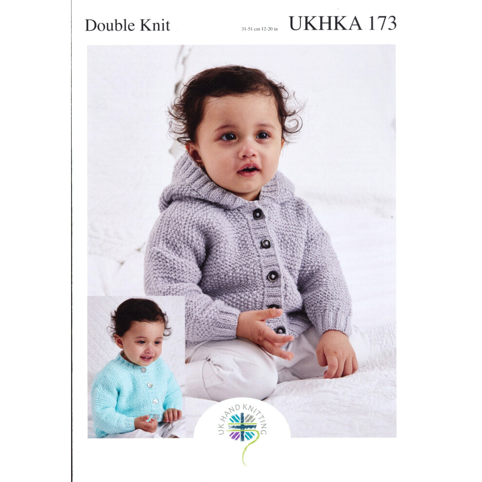 UKHKA 173 DK Knitting Pattern Baby Hooded or Round Neck Cardigan