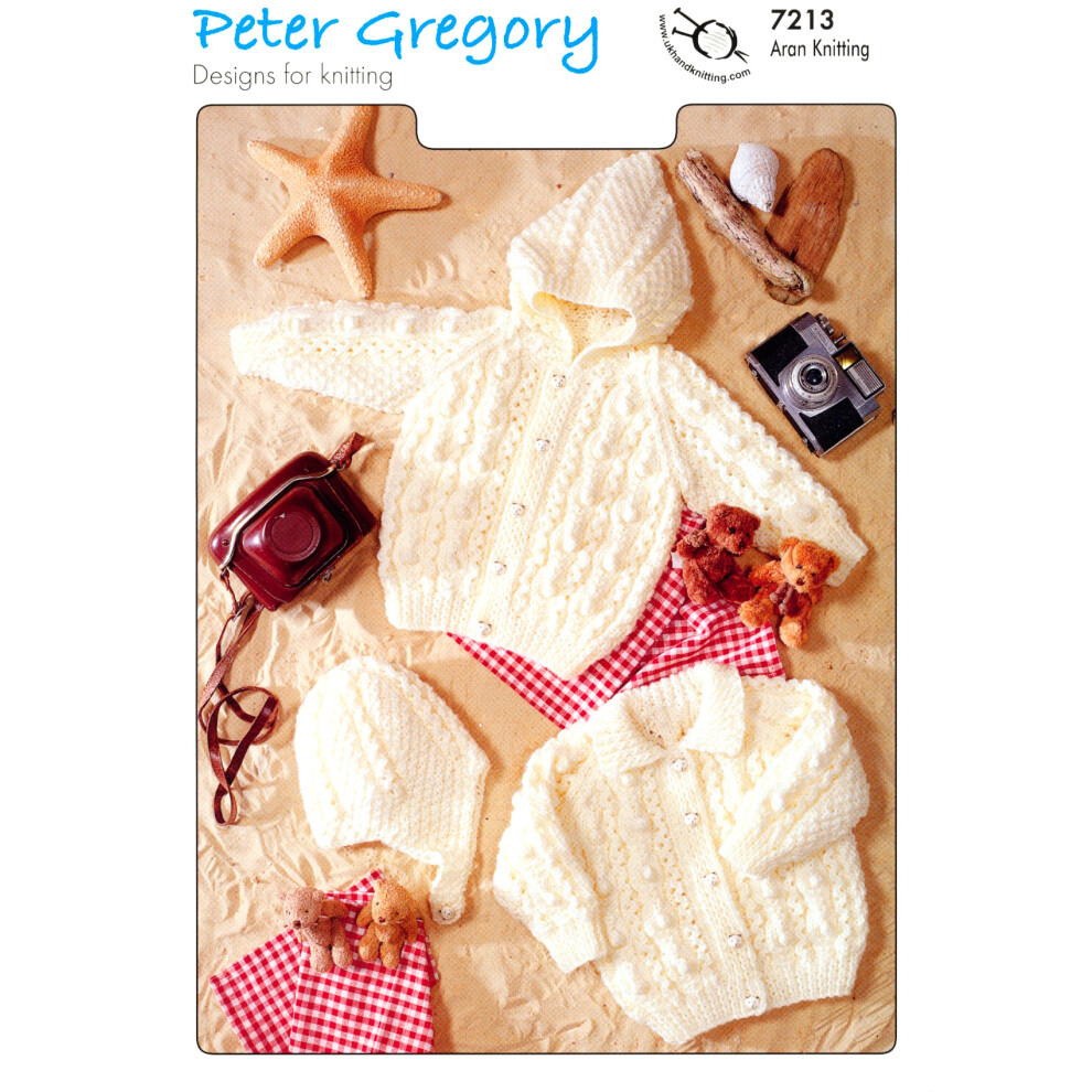Peter Gregory Aran Knitting Pattern 7213 Baby Cardigan & Hat