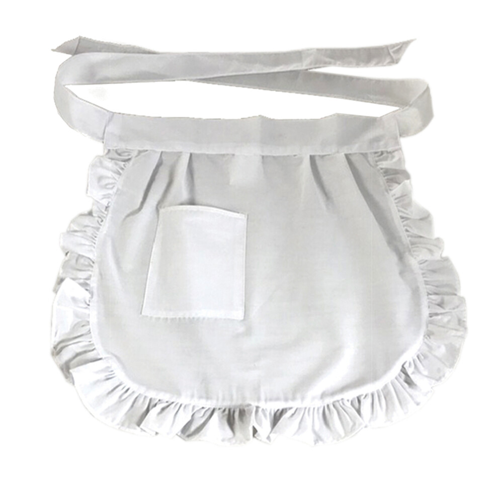 Waitress Half Apron with Frills & Small Pocket, White, 15x17in - Polycotton