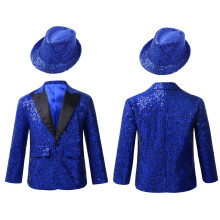 (blue, 10) Kids Shiny Hip Hop Jazz Street Dance Tuxedo Jacket Boys Sequins Button Down Lapel Collar Coat Performance Costume Gold 14