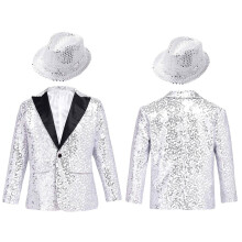 (silver, 8) Kids Shiny Hip Hop Jazz Street Dance Tuxedo Jacket Boys Sequins Button Down Lapel Collar Coat Performance Costume Gold 14