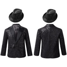 (black, 12) Kids Shiny Hip Hop Jazz Street Dance Tuxedo Jacket Boys Sequins Button Down Lapel Collar Coat Performance Costume Gold 14