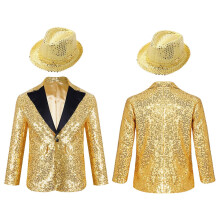 (black, 8) Kids Shiny Hip Hop Jazz Street Dance Tuxedo Jacket Boys Sequins Button Down Lapel Collar Coat Performance Costume Gold 14