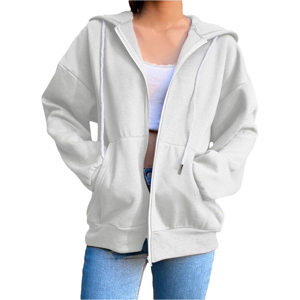 (white, M) Spring Women Loose Zip Up Hoodies Long Sleeve White Hooded Sweatshirts