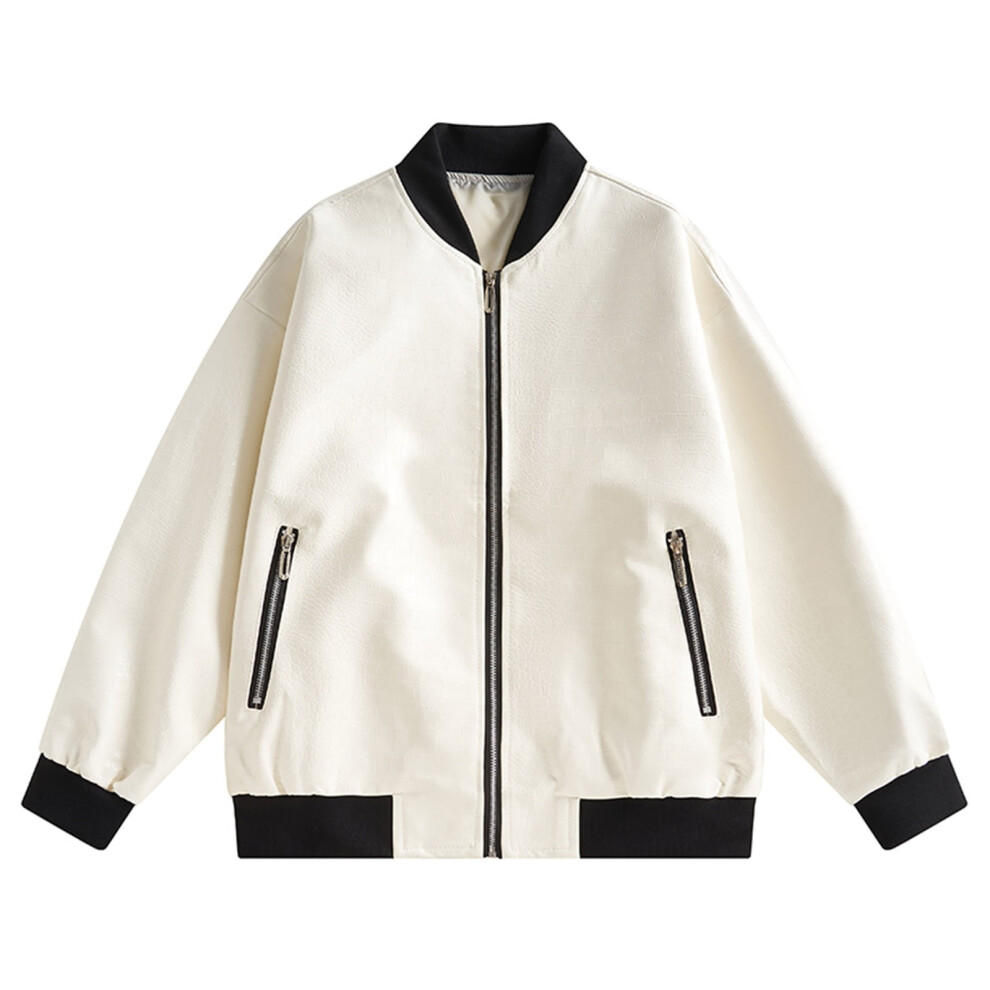 (a white, XL US(10)) Mens Bomber Jacket Lightweight Loose Casual Softshell Windbreaker Zip Up PU Leather Biker Jacket White 10