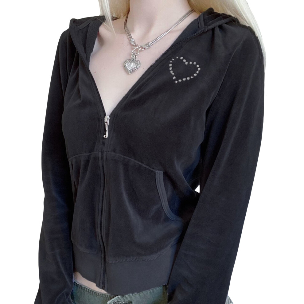 (black, L) Women Zip Up Crop Hoodies for Women Vintage Graphic Hooded Pullover Y2k Oversized Drawstring Sweatshirt Jacket with Pockets