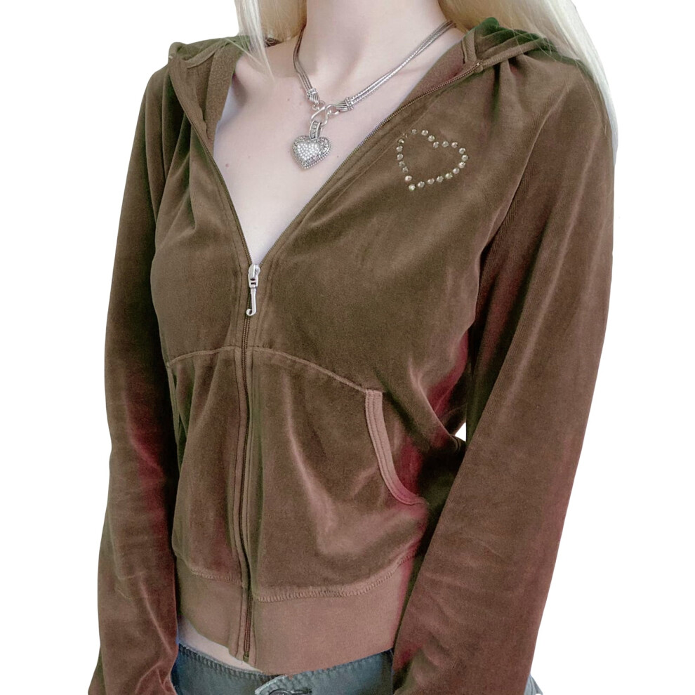 (brown, S-M-L) Women Zip Up Crop Hoodies for Women Vintage Graphic Hooded Pullover Y2k Oversized Drawstring Sweatshirt Jacket with Pockets