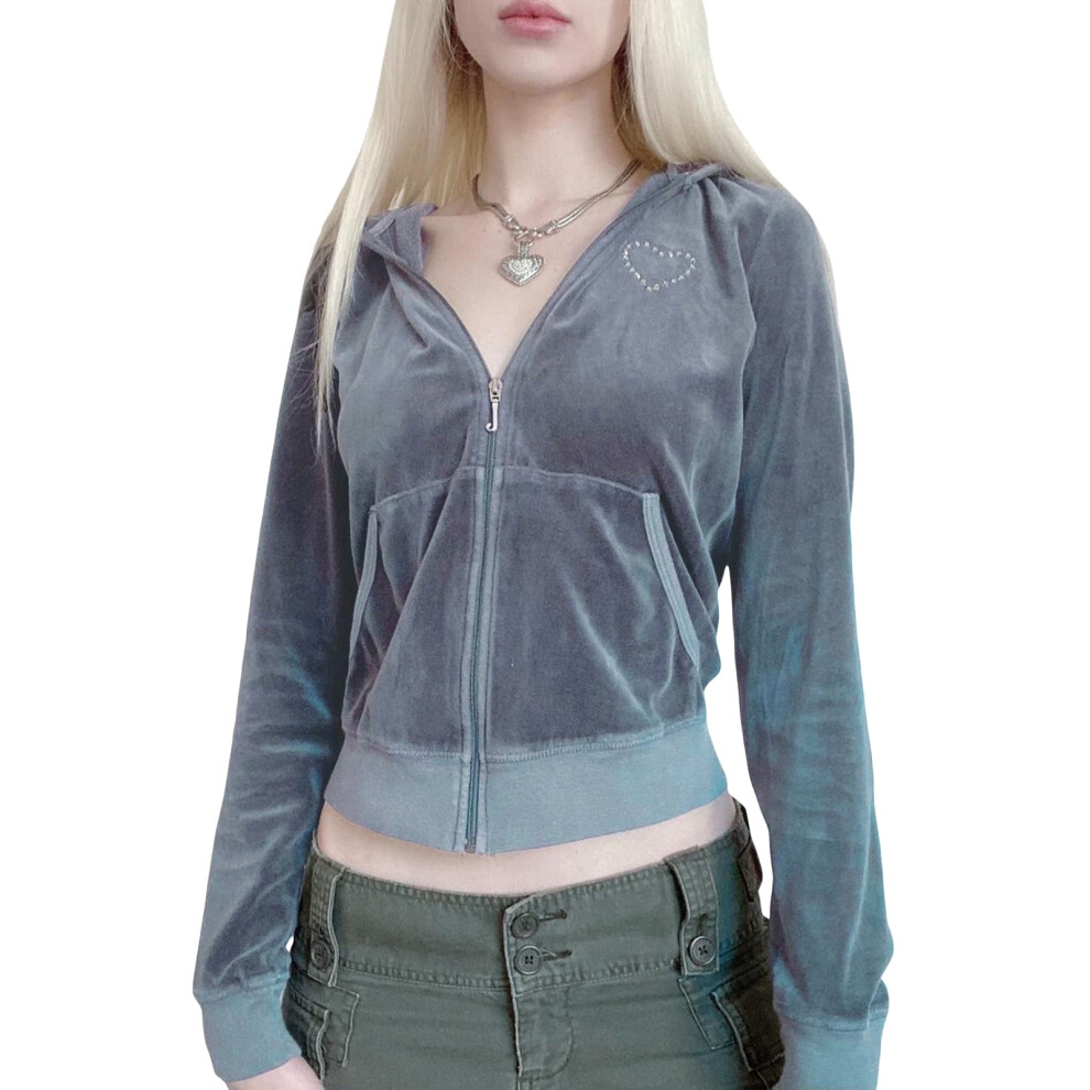(gray, L) Women Zip Up Crop Hoodies for Women Vintage Graphic Hooded Pullover Y2k Oversized Drawstring Sweatshirt Jacket with Pockets