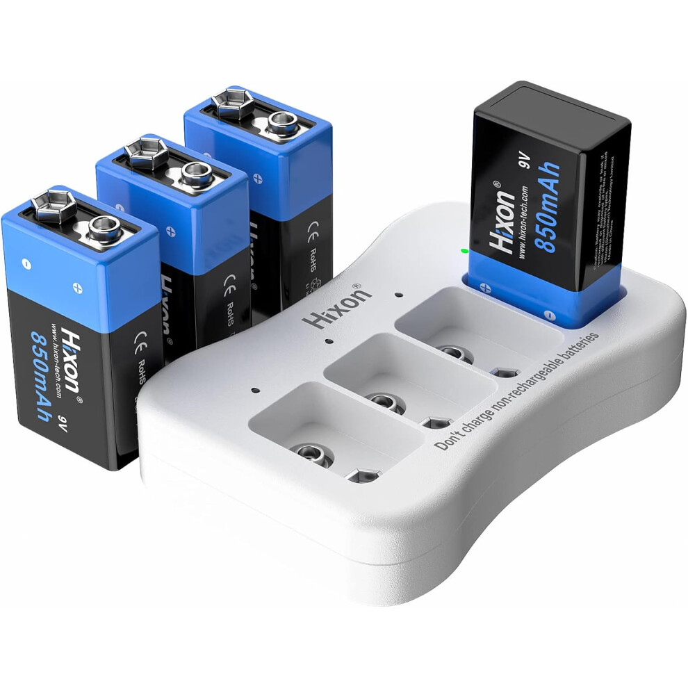 (4*9V battery & Charger) 9V Rechargeable Battery 850MA 9 Volt Battery 4 Pack 9v PP3 6F22 Lithium Battery with 9v Battery Charger for Smoke Detector