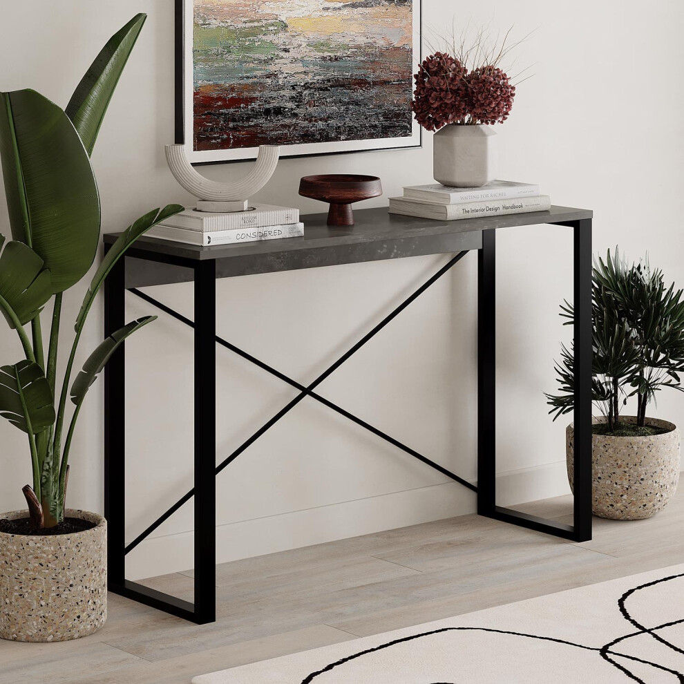 FWStyle Modern Console Table Retro Grey Hallway Furniture Black Metal Frame
