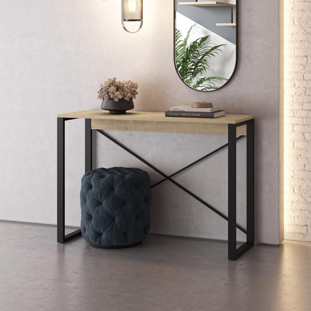 FWStyle Modern Console Table Light Oak Hallway Furniture Black Metal Frame