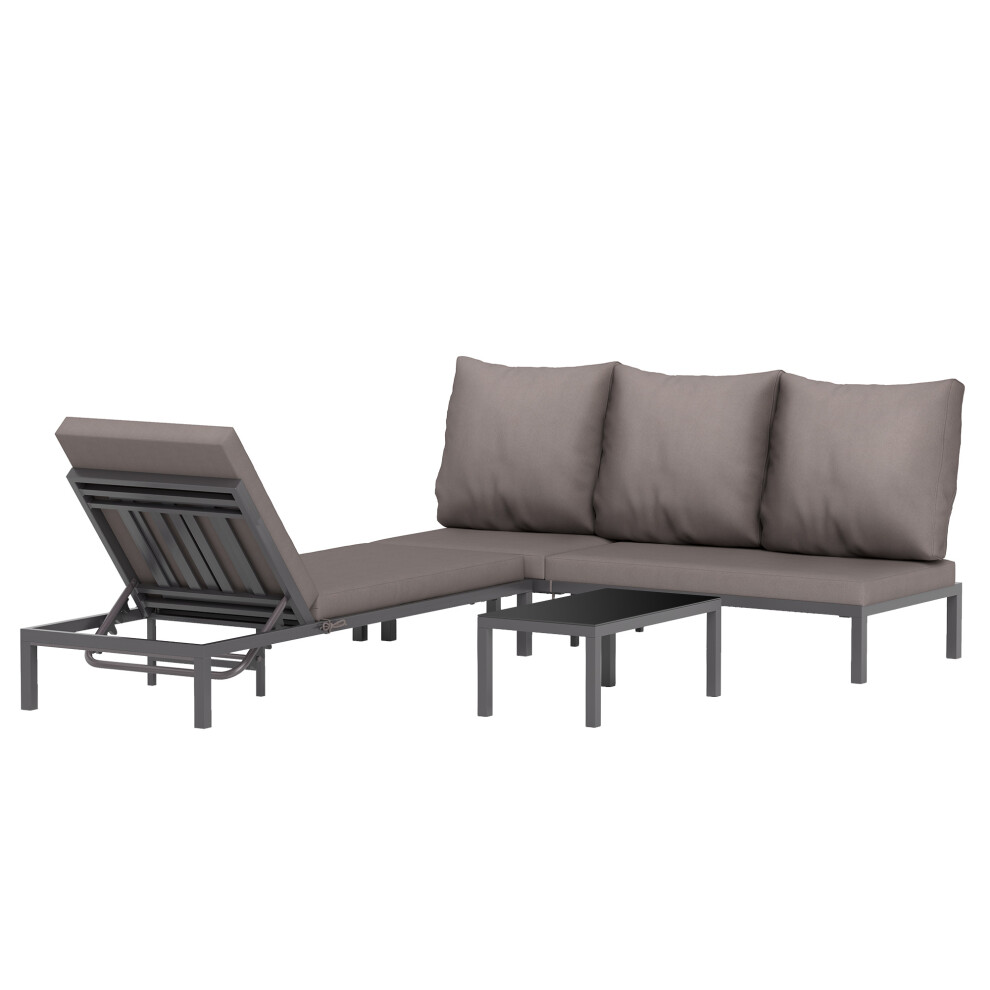 Outsunny 3-PCS PE Rattan Lounge Set, Aluminium Recliner Sofa Bed Set, Grey