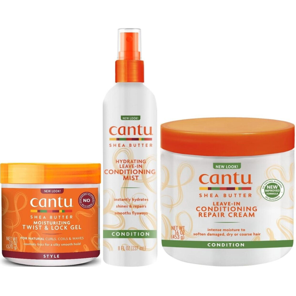 Cantu Shea Butter Hair Twist Lock Gel, Leave-In Conditioning Mist, Leave-In Reapir Cream (Set Of 3)