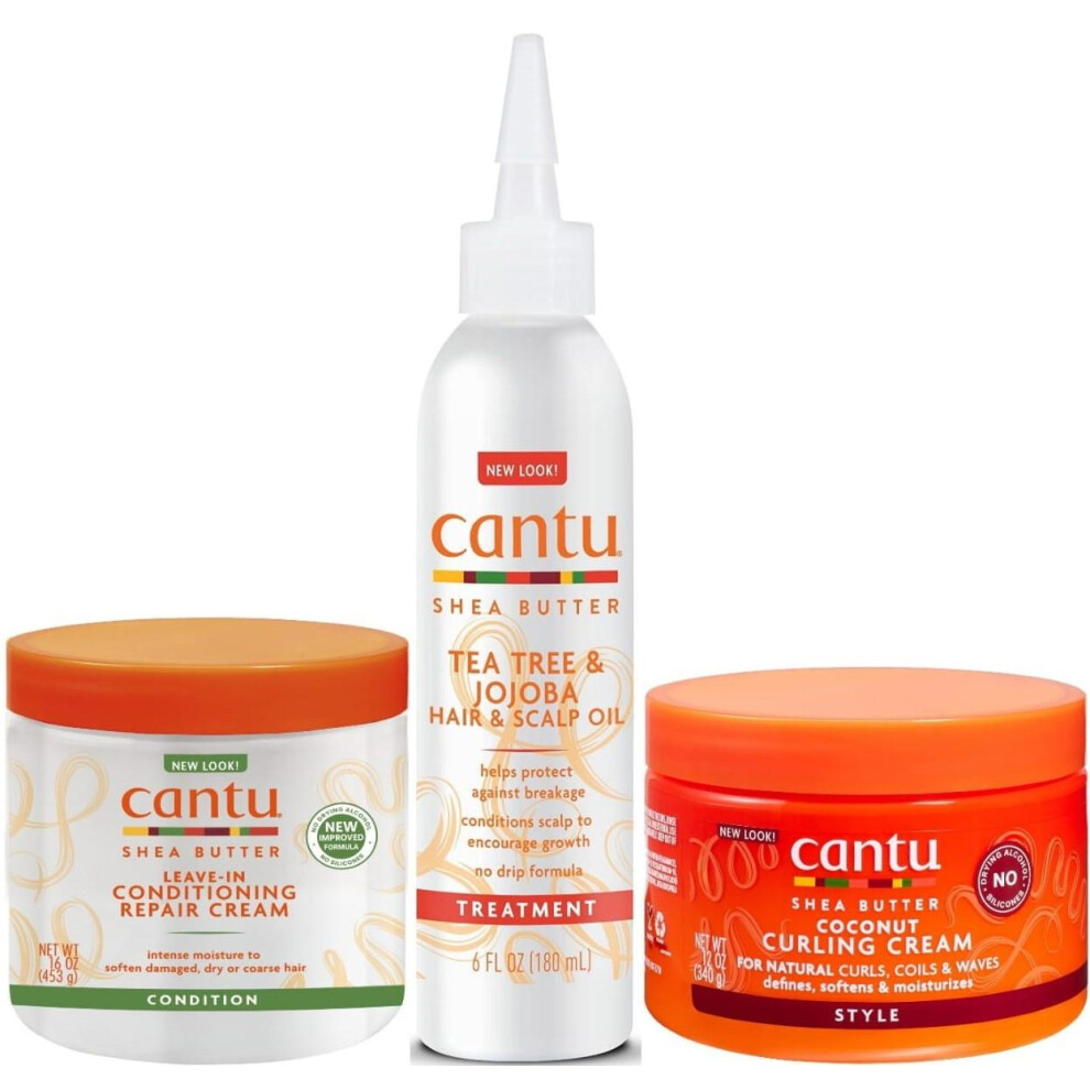 Cantu Shea Butter Tea Tree & Jojoba Hair Oil, Leave-In Conditioning Cream, Coconut Curling Cream (Set Of 3)