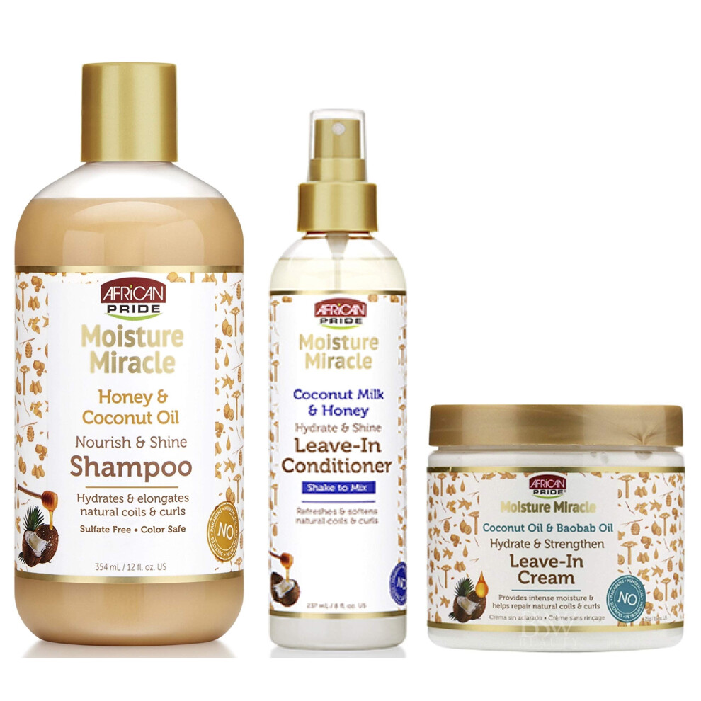 African Pride Moisture Miracle Shampoo, Leave-In Conditioner And Leave-In Cream (Set Of 3)