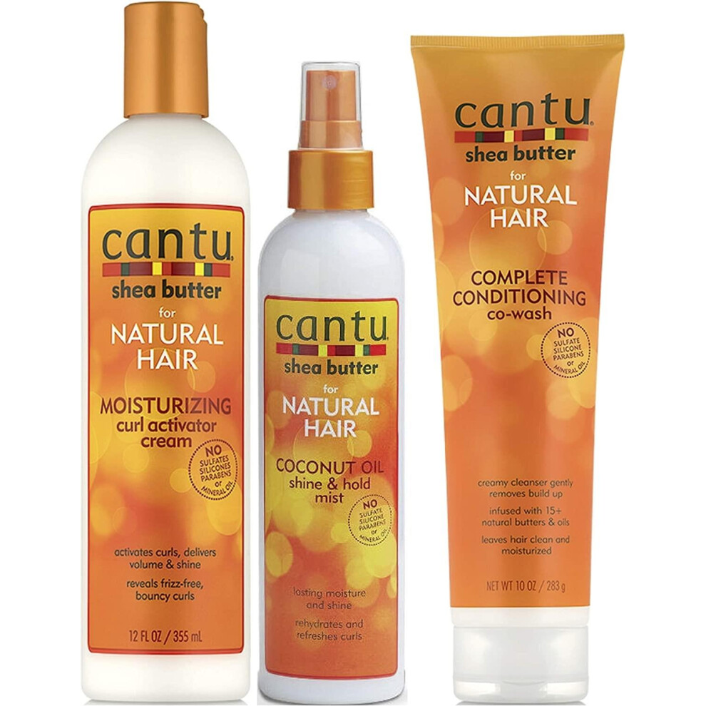 Cantu Shea Butter (Set Of 3) Conditioning Co-Wash, Curl Activator Cream, And Coconut Shine Mist.