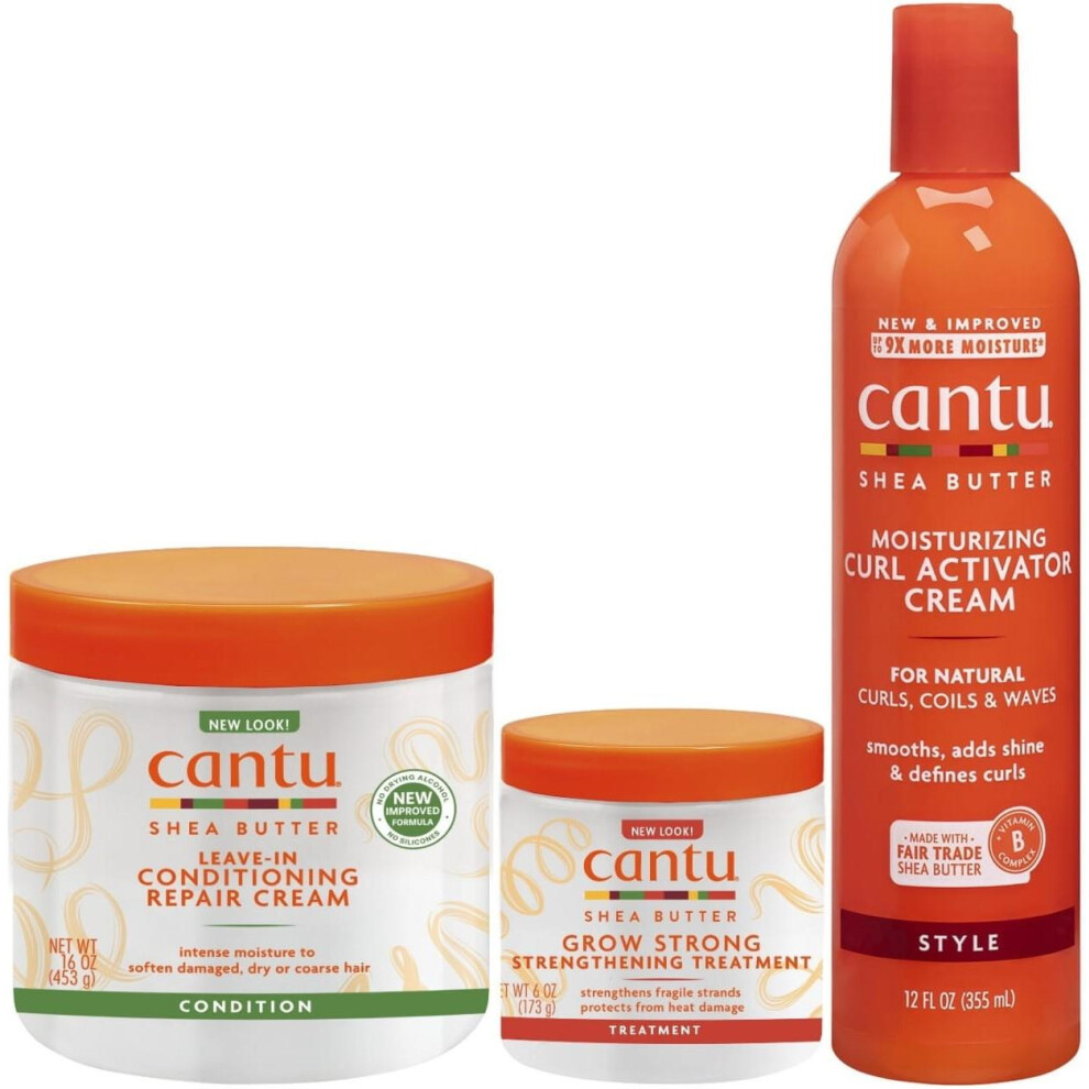 Cantu Shea Butter Curl Activator Cream, Grow Strengthening Treatment, Leave-In Conditioning Cream (Set Of 3)