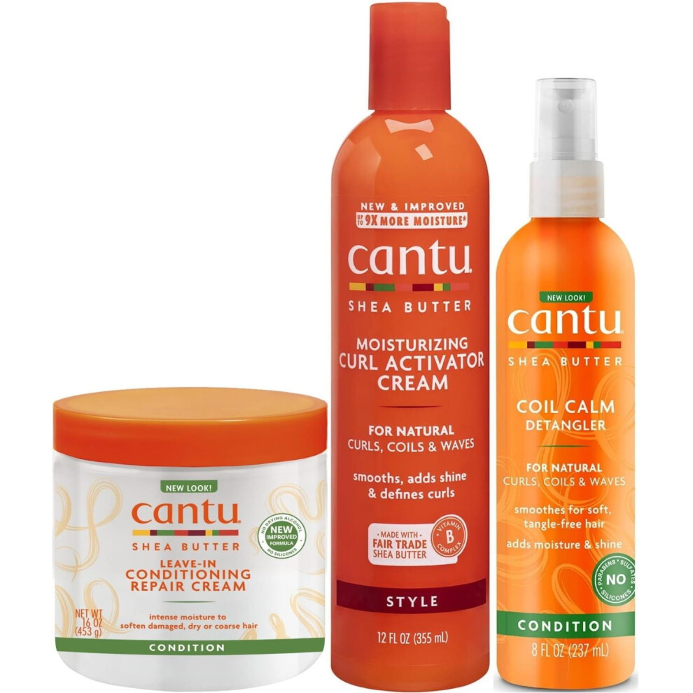 Cantu Shea Butter Curl Activator Cream, Leave-In Conditioning  Cream, Coil Calm Detangler (Set Of 3)